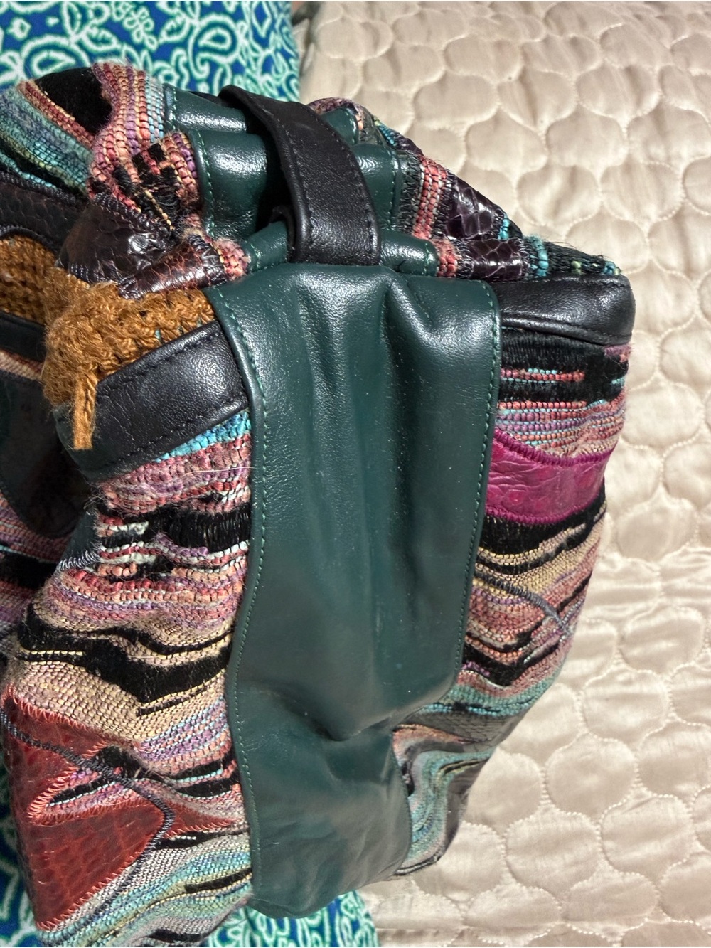 Sharif VTG 80s Multicolor Patchwork Shoulder Bag with Black/Green Trim - Picture 2 of 8